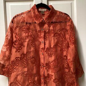 Notations orange burn out patterned blouse, size XL